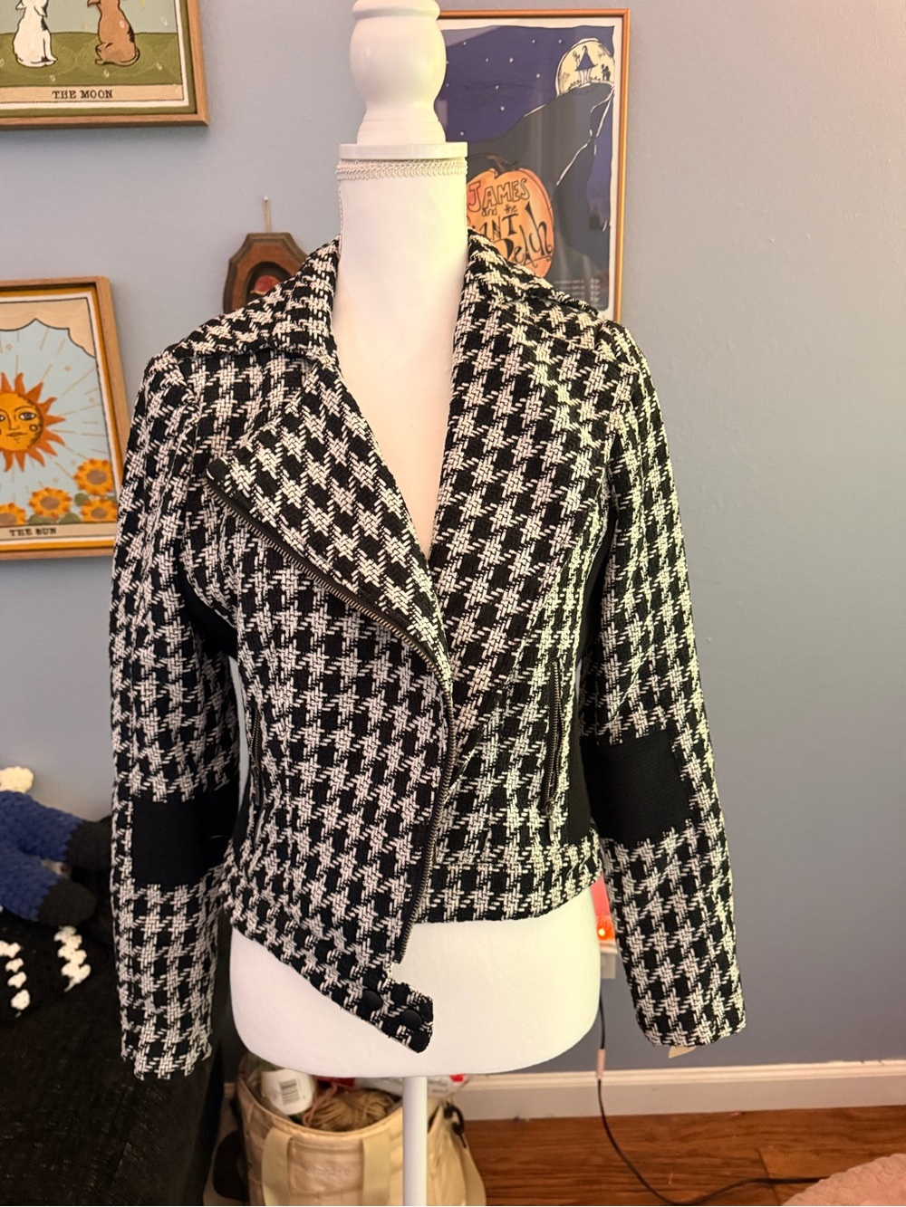 Cache Black & White Houndstooth Moto Blazer